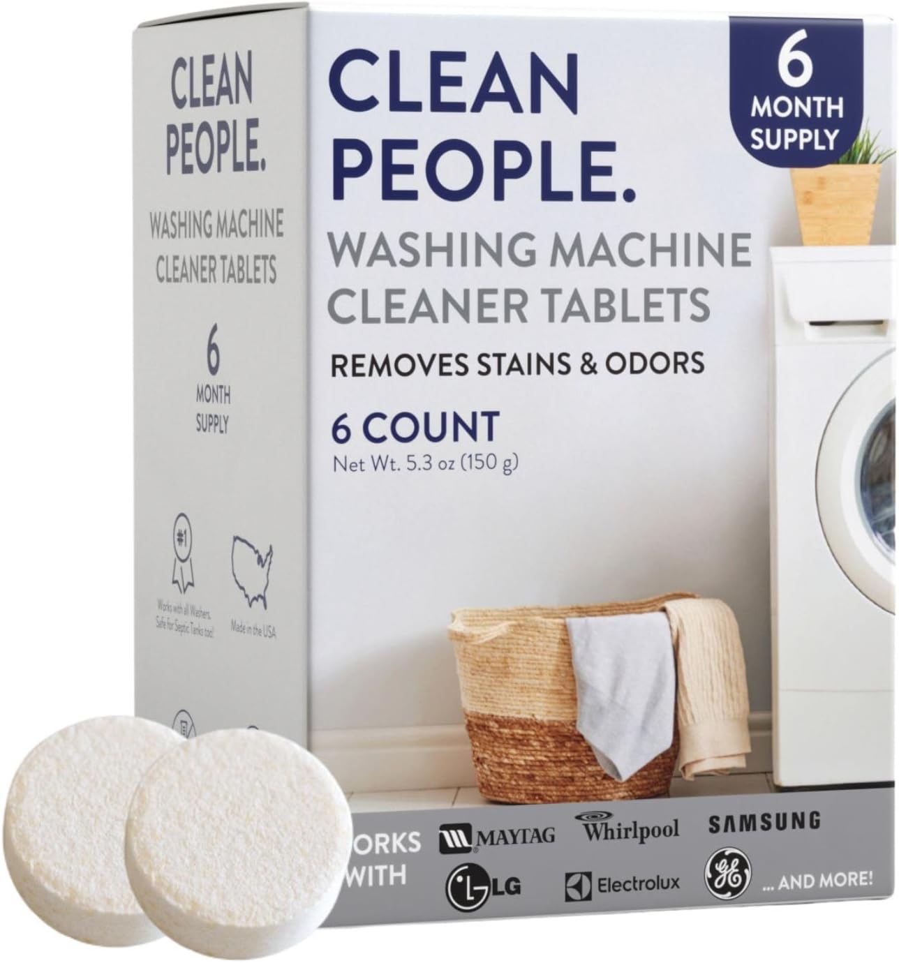 Clean People Washing Machine Cleaner - Eco Friendly Washer Machine Cleaner Tablets For Removing Odor, Grime & Scale Buildup - Front Load And Top Load Laundry Machine Cleaner - 6 Count