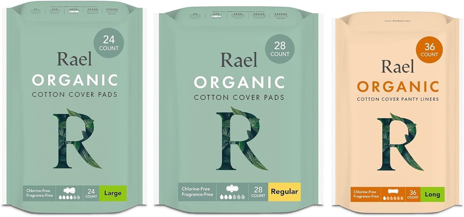 Rael Period Bundle - Organic Cotton Cover Pads (Large, 24 Count) & Regular Pads (28 Count) & Long Liners (36 Count)
