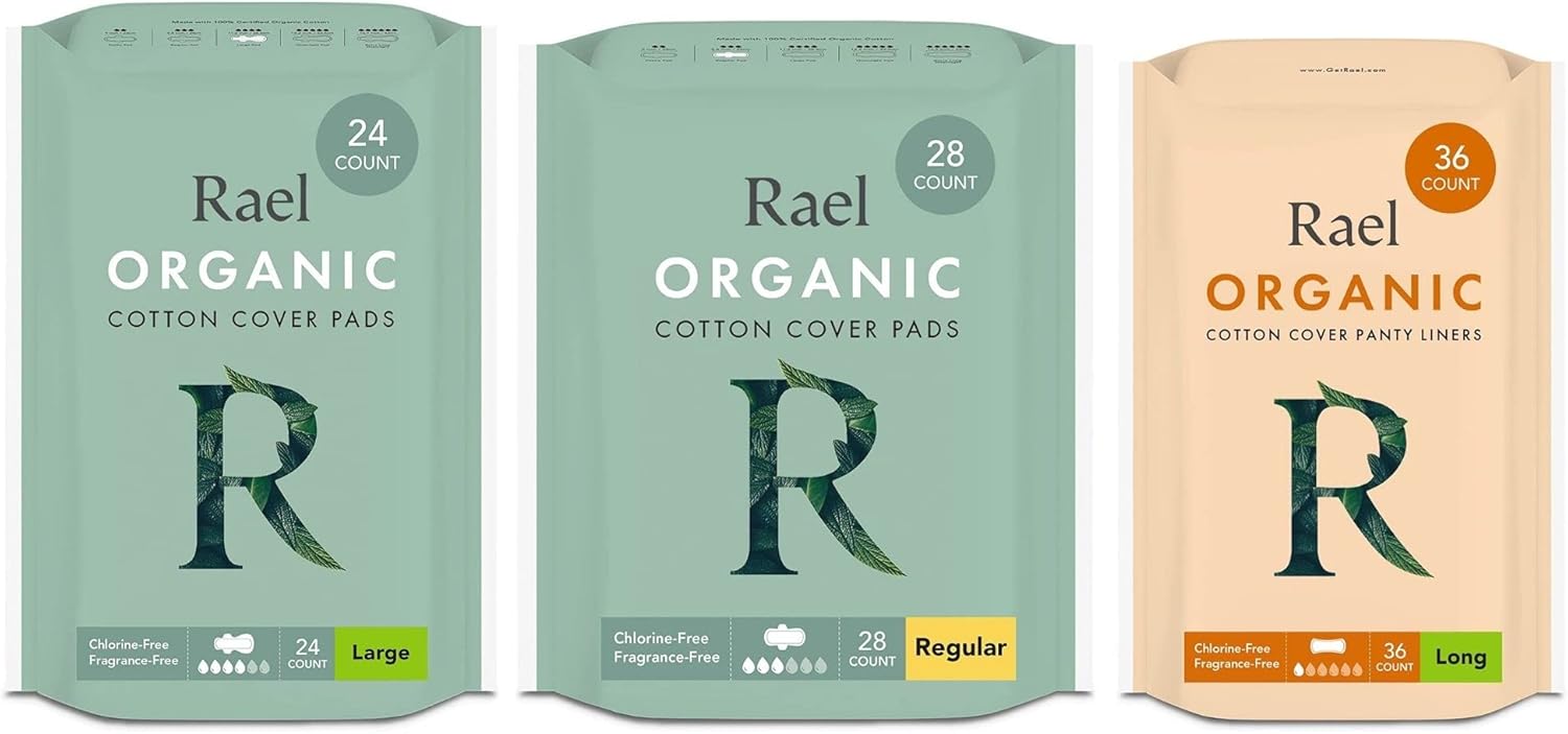 Rael Period Bundle - Organic Cotton Cover Pads (Large, 24 Count) & Regular Pads (28 Count) & Long Liners (36 Count)