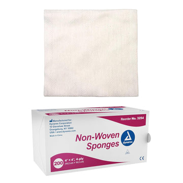 Dynarex Non-Woven Sponges, Non-Sterile, Gauze Sponges, For Cleansing, Prepping And Dressing, Highly-Absorbent And With Less Linting, 4"X 4", 4 Ply, 1 Box Of 200 Non-Woven Sponges