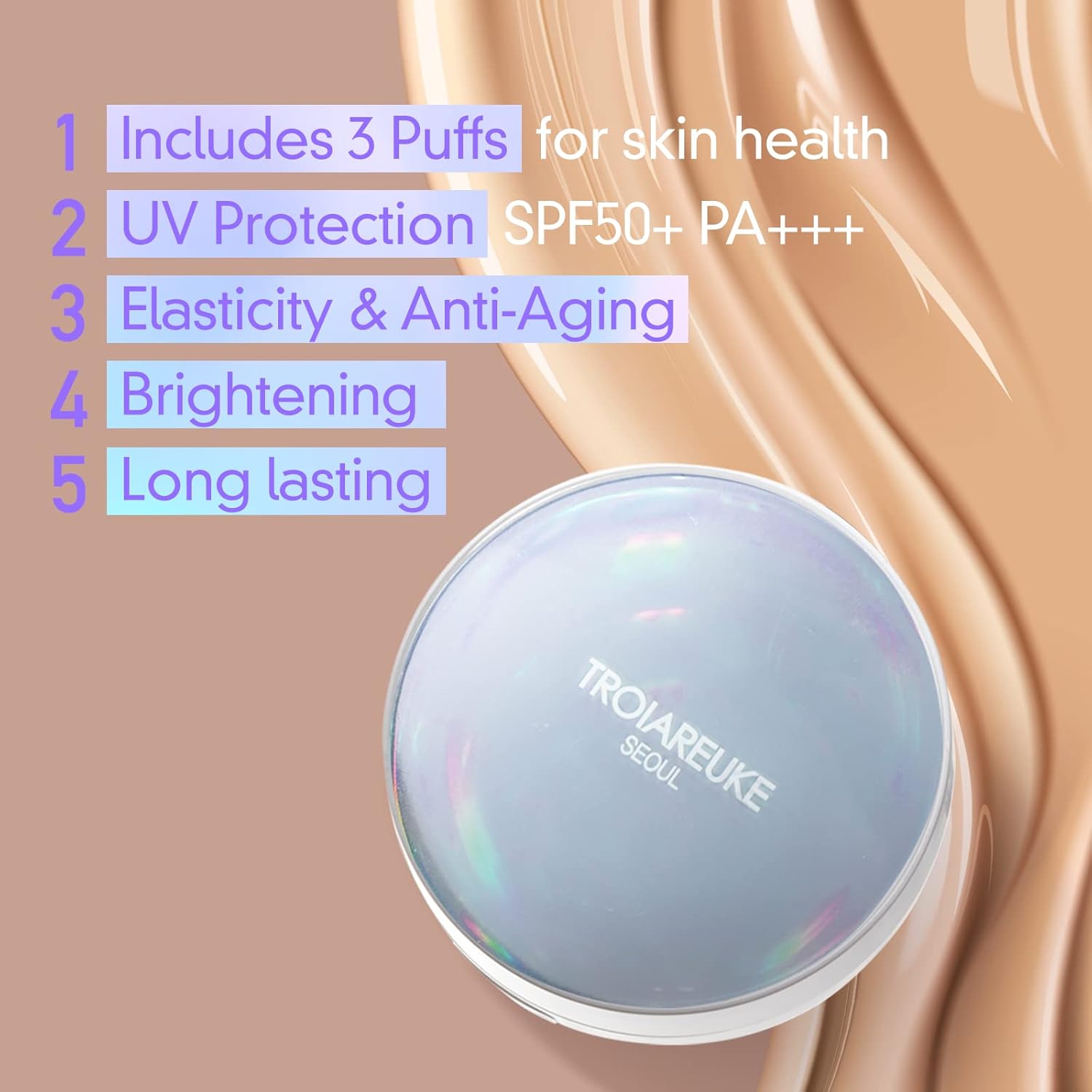 Troiareuke Seoul "Bridal" Cushion Foundation(#21, Pink Beige), Korean Cushion Foundation, K-Beauty, Hydrating, Long-Lasting, Lightweight, Natural Finish, Anti-Aging, Moisture, Whitening, Spf 50+