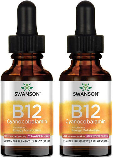 Swanson Vitamin B12 Cyanocobalamin - Strawberry Liquid 1,000 Mcg 2 Fl Oz Liq 2 Pack