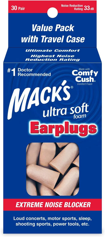 Mack's Ultra Soft Foam Earplugs, 30 Pair - 33dB Highest NRR, Comfortable Ear Plugs for Sleeping, Snoring, Travel, Concerts, Studying, Loud Noise, Work | Made in USA