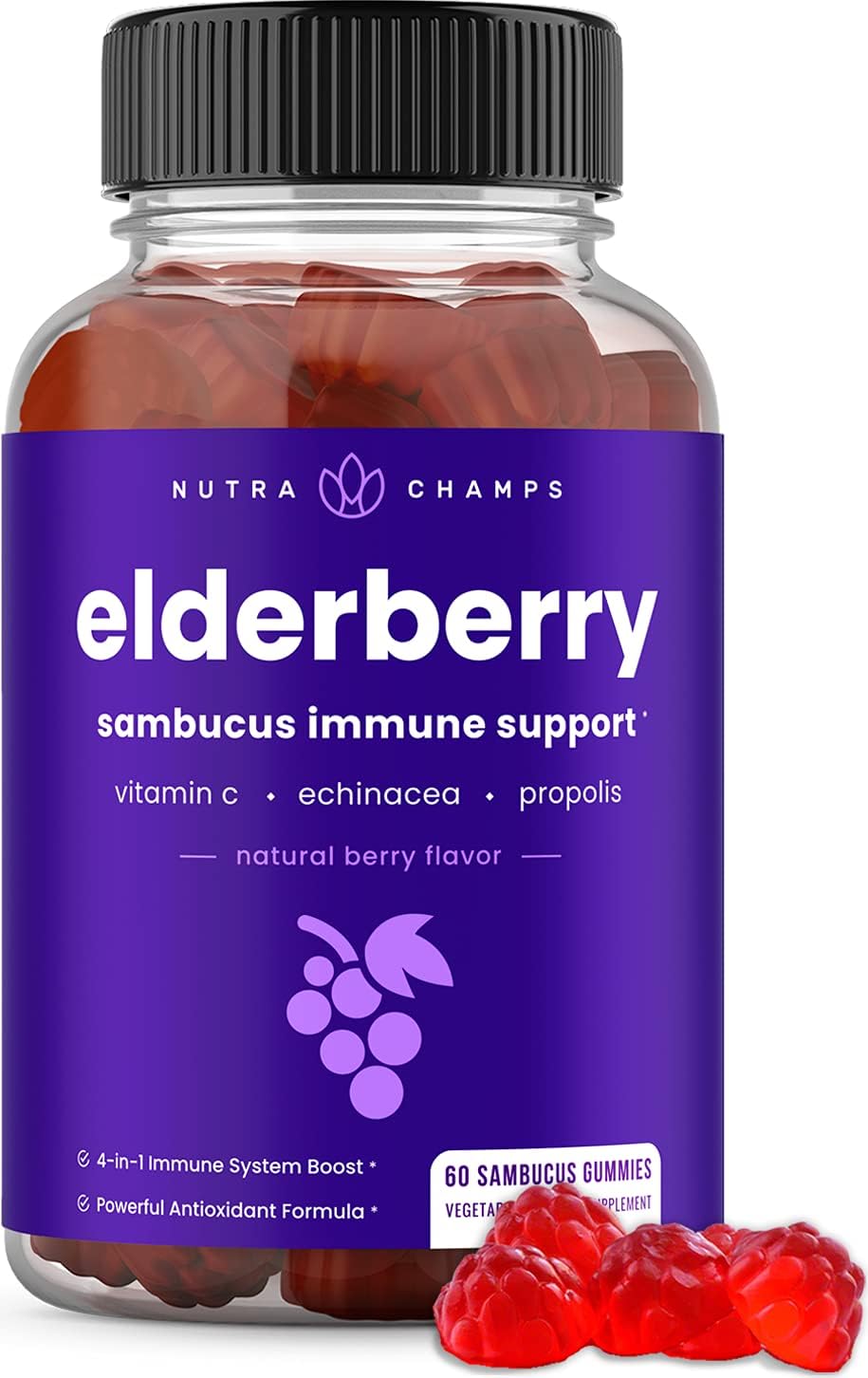 NutraChamps Elderberry Gummies with Vitamin C, Propolis & Echinacea - Immune System Support Gummy Vitamins for Adults & Kids - Max Strength 200mg Sambucus Antioxidant