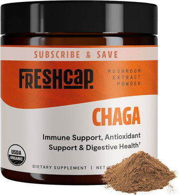 Freshcap Chaga Organic Mushrooms Extract Powder - Antioxidant, Digestive Health, Immune Support Supplement - Vegan, Pure Fruiting Body Extract - Add To Coffee/Tea/Smoothies - 2.1 Ounces