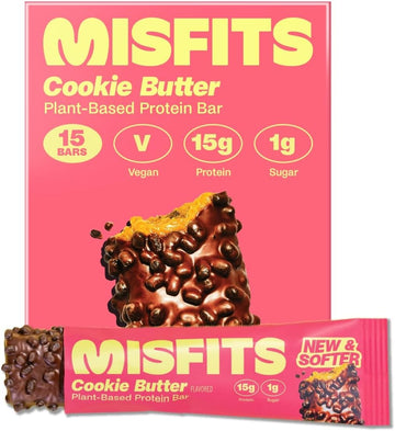 Misfits Vegan Protein Bar, Cookie Butter (Speculoos), Plant Based Chocolate Protein Bars, High Protein Snacks With 15G Protein Per Bar, Low Carb, 1G Sugar, High Fibre, Healthy Snack, 15 X 50G Pack