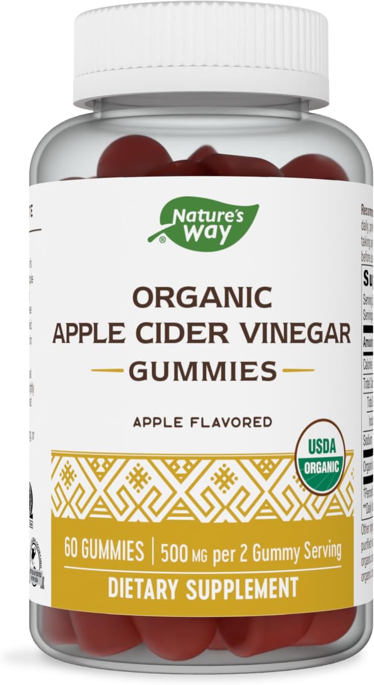 Nature's Way Organic Apple Cider Vinegar Gummies, Apple Flavored, 500 mg, 60 Gummies