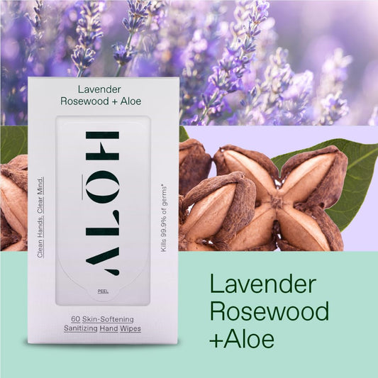 Aloh Lavender Rosewood + Aloe Sanitizing Hand Wipes - Clean Hands, Clear Minds - On The Go Sanitizing Hand Wipes For Kids And Adults - Travel Size 3 Pack, 20Ct Wipes (60 Wipes)