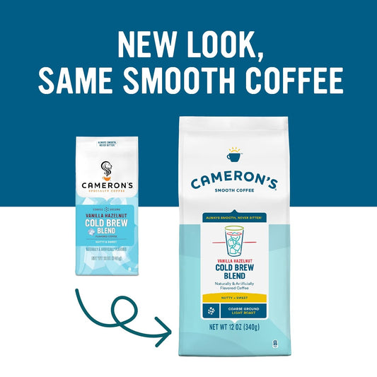 Cameron's Coffee Vanilla Hazelnut Cold Brew Blend Flavored Coarse-Ground Coffee, Light Roast, 100% Arabica, 12-Ounce Bag, (Pack of 1)