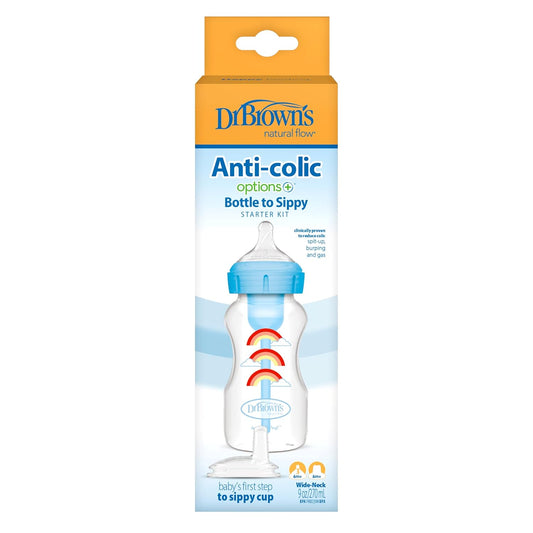 Dr. Brown'S Natural Flow Anti-Colic Options+Wide-Neck Sippy Bottle Starter Kit, 9Oz/270Ml, With Level 3 Medium-Fast Flow Nipple And 100% Silicone Soft Sippy Spout, Blue, 6M+
