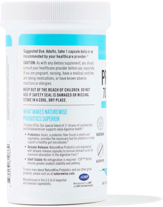 NatureWise Probiotics 70 Billion CFU - 17 Strains + Organic Prebiotics - Immune, Digestive & Gut Health Probiotics for Women & Men - Vegetarian, Gluten-Free, Non-GMO - 60 Capsules[2-Month Supply]