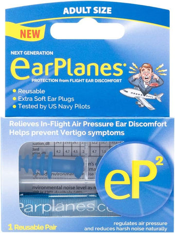Earplanes Ep2 Ultra-Reusable Earplugs, Airplane Pressure Prevention Earplugs For Adults (1 Pairs) (Pack Of 2)