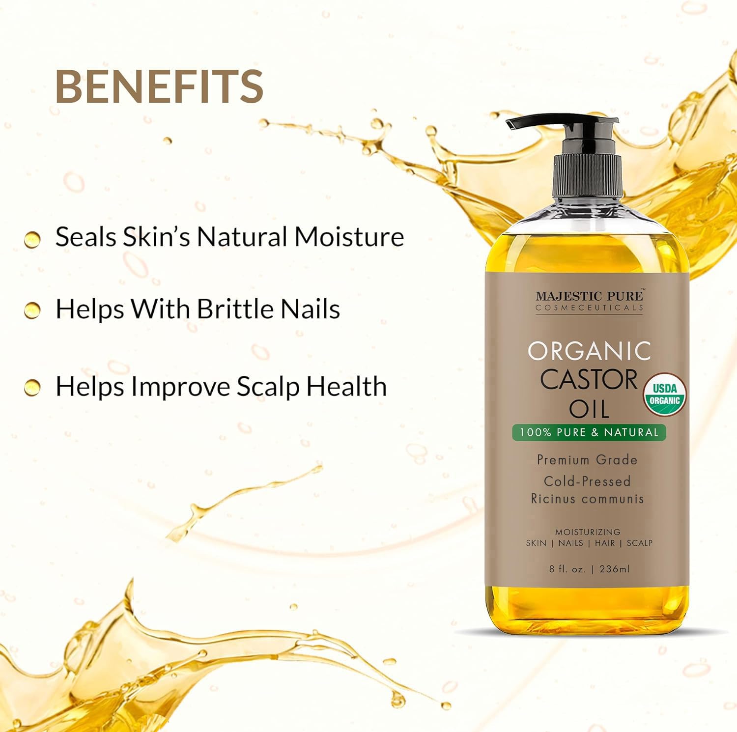 Majestic Pure Castor Oil | Hexane Free & 100% Pure | Cold Pressed | Stimulate Growth For Hair, Eyelashes, Eyebrows, Nails | Moisturizing & Nourishing | Body, Hair & Carrier Oil | 8 Fl Oz : Beauty & Personal Care