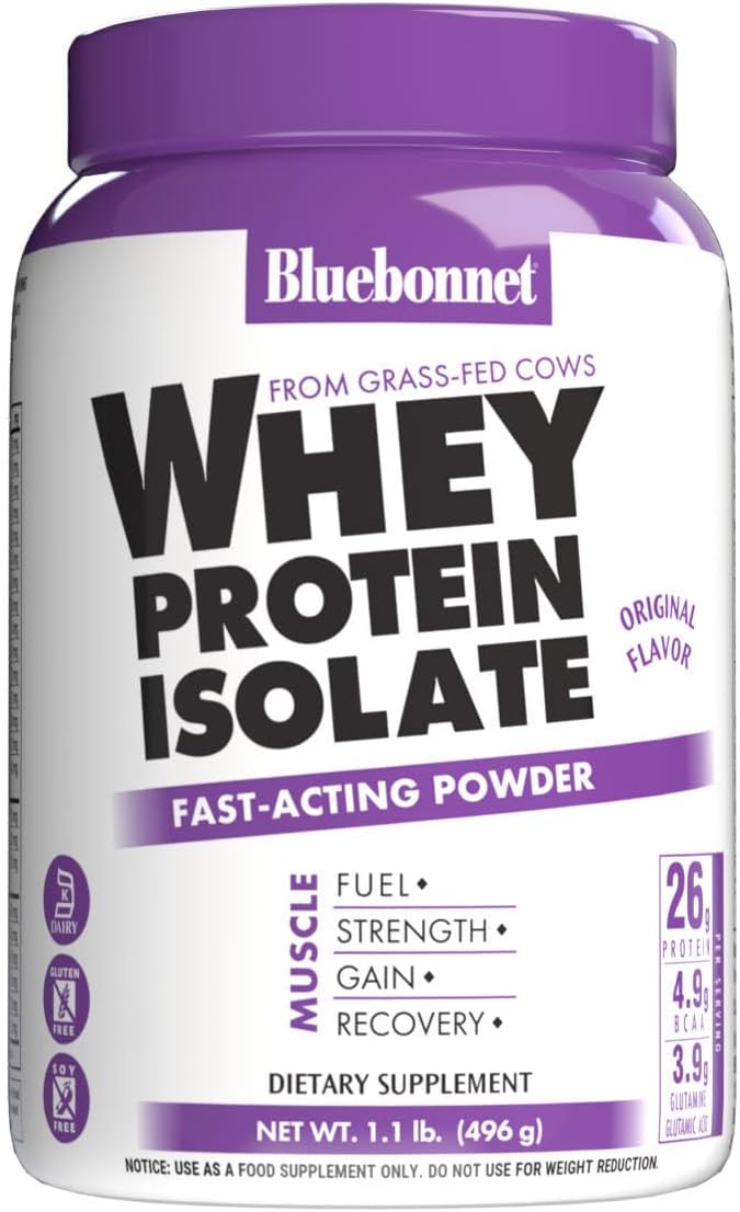 Bluebonnet Grass Fed Whey Protein Isolate 26 G Energy & Workout Recovery Bcaa Amino Acids - Gluten-Free, Non-Gmo, Soy-Free Chocolate Protein Powder For Women & Men - 28 Servings