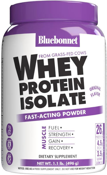 Bluebonnet Grass Fed Whey Protein Isolate 26 G Energy & Workout Recovery Bcaa Amino Acids - Gluten-Free, Non-Gmo, Soy-Free Chocolate Protein Powder For Women & Men - 28 Servings