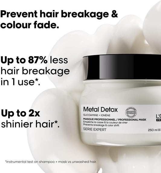 L’Oréal Professionnel Metal Detox Hair Mask 250Ml, Prevent Breakage & Colour Fade From Hard Water, Moisturising Conditioner Treatment For Smooth, Shiny Hair, Prevent Damaged Hair
