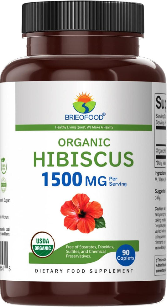 Brieofood Organic Hibiscus 1500Mg, 45 Servings, Vegetarian, Gluten Free, 90 Vegetarian Tablets
