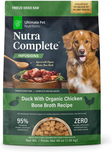 ULTIMATE PET NUTRITION Nutra Complete Bone Broth Infusions, 100% Freeze Dried Veterinarian Formulated Raw Dog Food with Antioxidants Prebiotics and Amino Acids, (3 Pound, Bone Broth Duck)