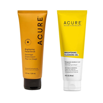 Acure Bestselling Duo Kit - Brightening Facial Scrub & Cleansing Gel - All Skin Types - Cleanse With Pomegranate, Blackberry & Acai - Scrub With Sea Kelp & French Green Clay