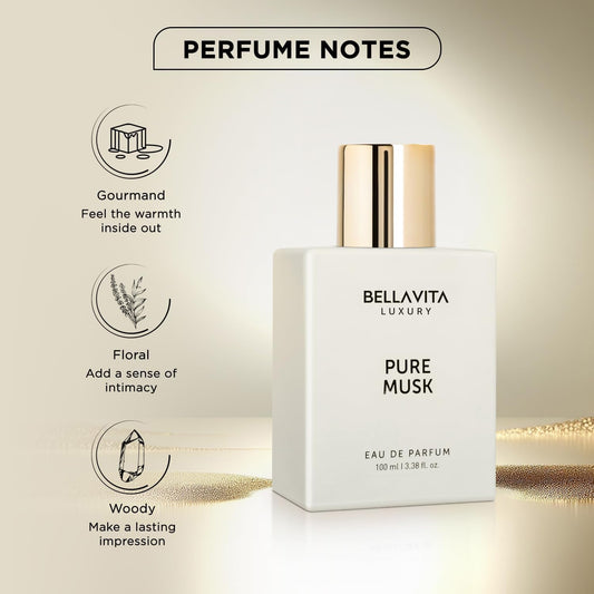 Bellavita Luxury Pure Musk Unisex Perfume | Notes Of Lily Of The Valley, Sandalwood And Tonka | Long Lasting Eau De Parfum For Men And Women | Premium, Woody, Animalistic Fragrance