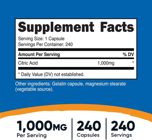 Nutricost Citric Acid 1000Mg (1 Gram), 240 Capsules - Gluten Free, Non-Gmo