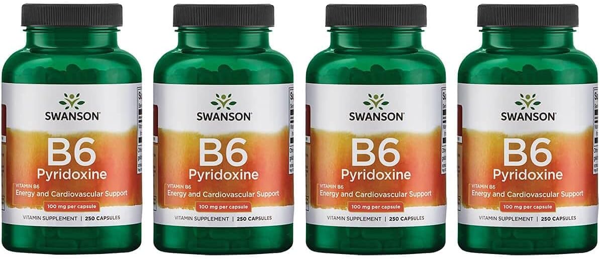 Swanson B6 Pyridoxine - Vitamin Supplement Promoting Cardiovascular Health & Energy Metabolism - Natural Formula Promoting Overall Wellness - (250 Capsules, 100Mg Each) 4 Pack