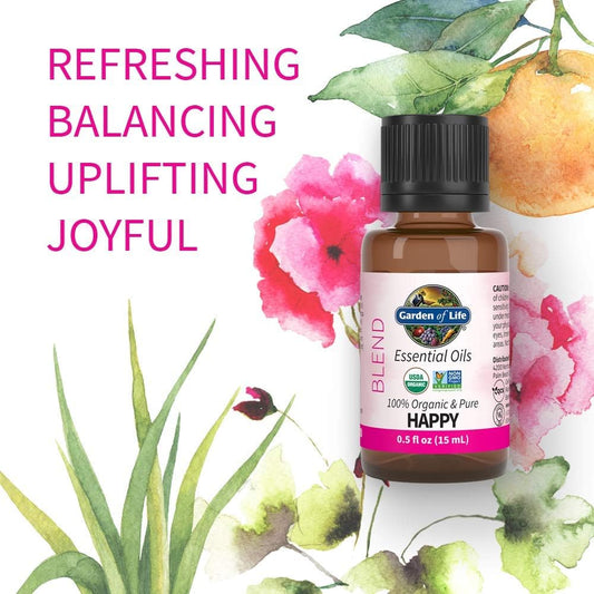 Garden Of Life Essential Oils, 100% Organic & Pure Geranium Essential Oil Plus Sweet Orange & Palmarosa - Happy Blend For Diffusers, Home, Skin & Body Care, Refreshing, Balancing, Joyful, 0.5 Fl Oz
