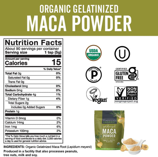 Viva Naturals Organic Maca Powder - Gelatinized Maca Powder Organic, Vegan and Kosher Peruvian Superfood - Certified USDA Organic, Gluten-Free & Non-GMO