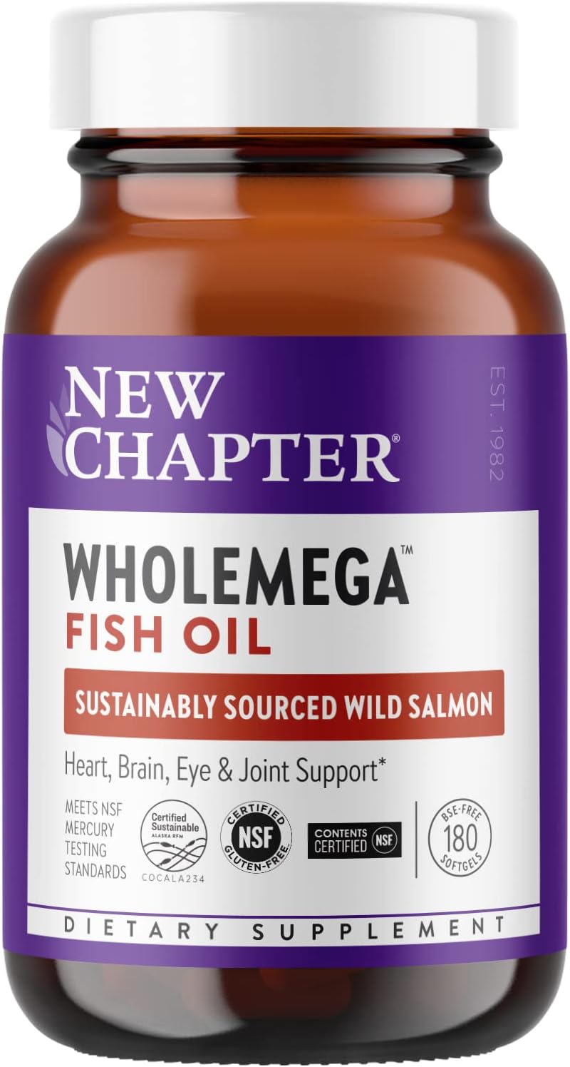 New Chapter Wholemega Fish Oil Supplement - Wild Alaskan Salmon Oil with Omega-3 + Vitamin D3 + Astaxanthin + Sustainably Caught - 180 ct, 1000mg Softgels