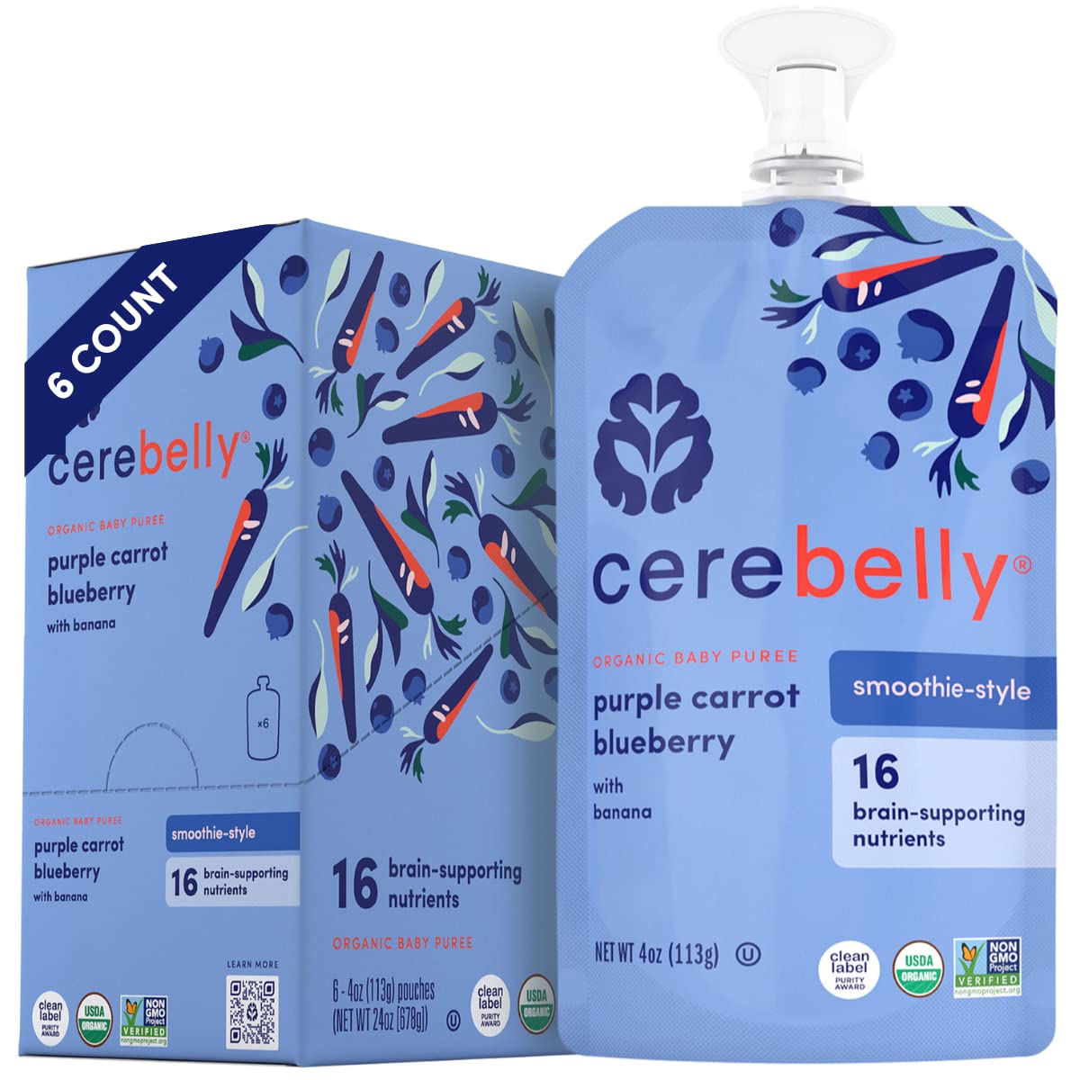 Cerebelly Baby Food Pouches Stage 1 – Purple Carrot Blueberry Smoothie (Pack of 6), Organic Fruit & Veggie Purees, Great Toddler Snacks, 16 Brain-supporting Nutrients from Superfoods, No Added Sugar