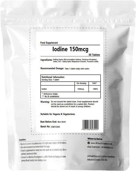 Iodine 150mcg x 60 Tablets - Thyroid Health, Slimming Pills, High Strength Tablets Iodine Supplements, Natural Source of Iodine from Potassium Iodide