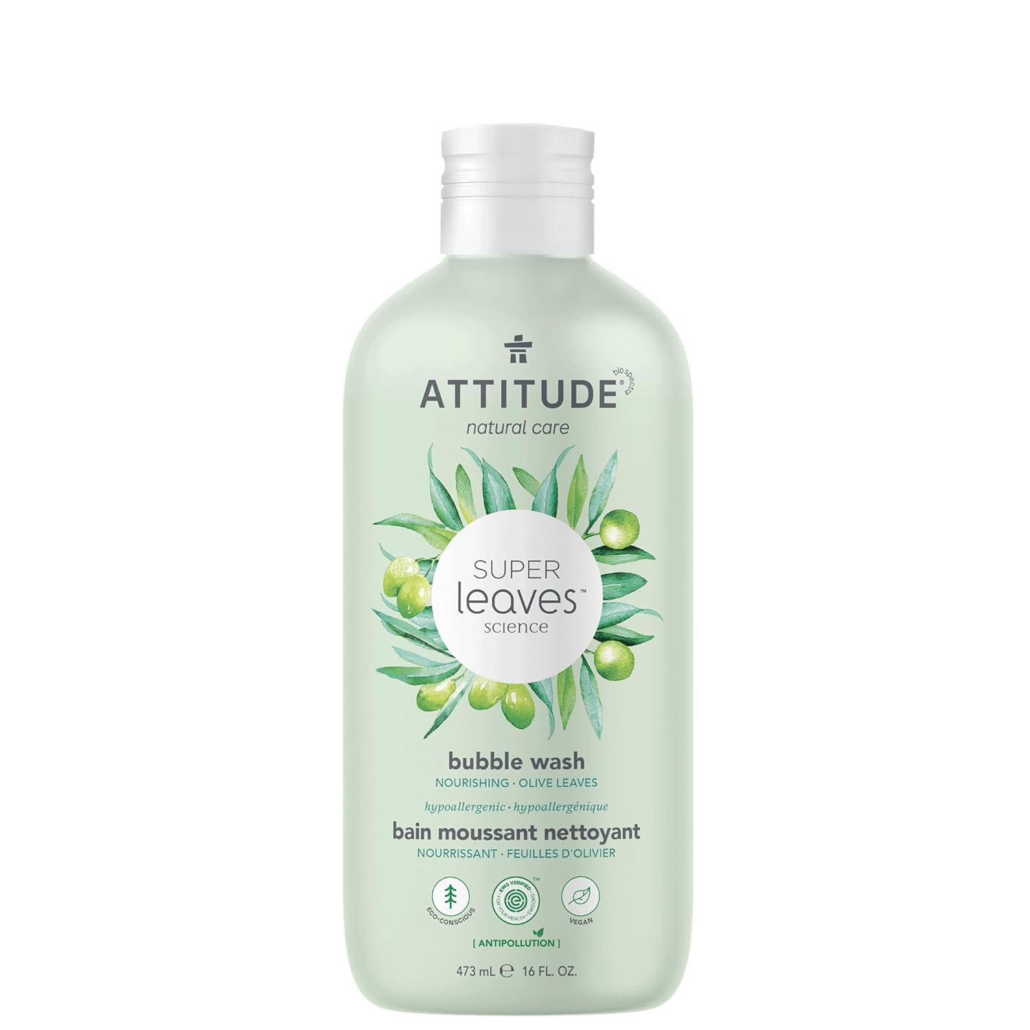 Attitude Bubble Bath, Ewg Verified, Plant And Mineral-Based, Dermatologically Tested, Vegan Body Care Products, Olive Leaves, 16 Fl Oz