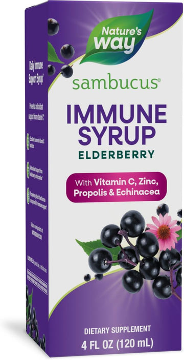 Nature'S Way Sambucus Elderberry Immune Syrup, Daily Immune Support*, Black Elderberry Extract, Vitamin C, Zinc, Echinacea, Propolis, 4 Fl Oz (Packaging May Vary)