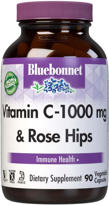 Bluebonnet Nutrition Vitamin C-1000 Mg Plus Rose Hips Vegetable Capules, For Immune Health, For Antioxidant Protection, Soy Free, Gluten Free, Non-Gmo, Kosher, Dairy Free, Vegan, 90 Count