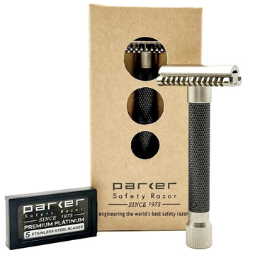 Parker The Variant Open Comb - Adjustable Double Edge Safety Razor, Customize Your Shave With A Turn Of The Dial From Mild To Aggressive - 5 Blades Included (Graphite Gray)