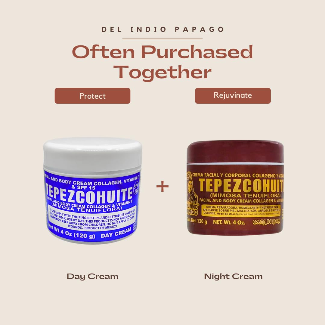 Del Indio Papago Tepezcohuite Night Cream - Tepezcohuite Cream From Mexico - Reduces Wrinkles, Renews Skin, Grease Free - Jumbo Size 4 Oz