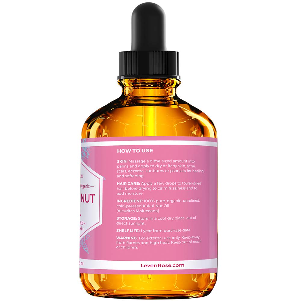 Leven Rose Kukui Nut Oil 4 Oz – Cold-Pressed And Unrefined Hair & Face Moisturizer With Dropper – Unscented Pure Face Oil For Women And Men – Nourishing & Moisturizing For All Skin Types : Beauty & Personal Care