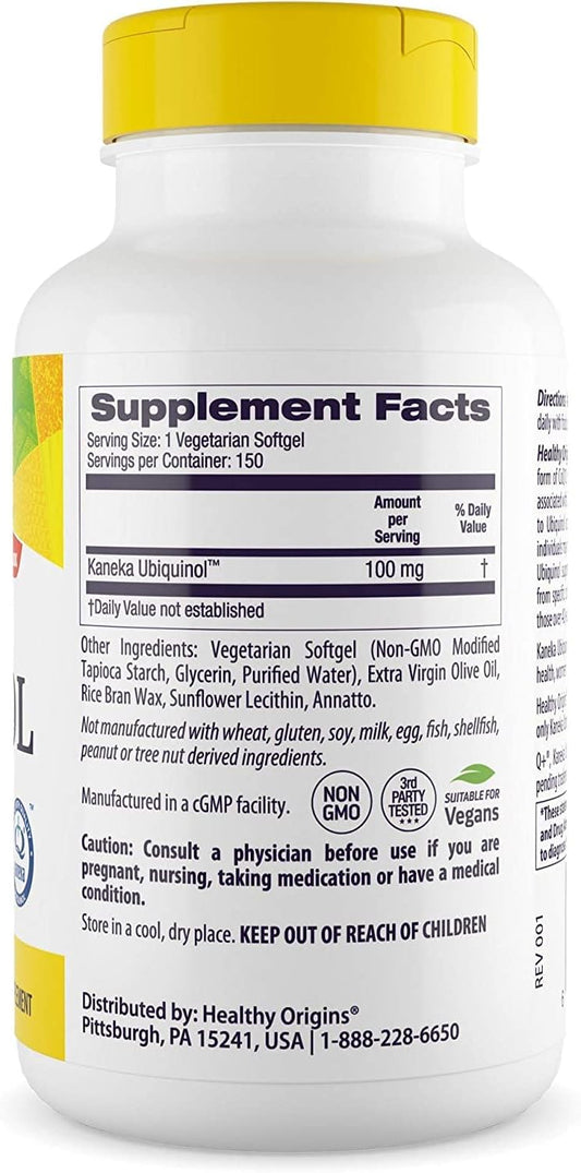 Healthy Origins Ubiquinol Vegan Formula (Active Form of CoQ10), 100 mg - Kaneka Ubiquinol Supplement for Heart Health & Antioxidant Support - Vegan, Gluten-Free & Non-GMO Supplement - 150 Veggie Gels