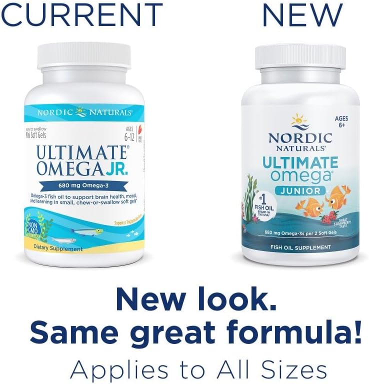 Nordic Naturals Ultimate Omega Jr., Strawberry - 120 Mini Soft Gels - 680 Total Omega-3s with EPA & DHA - Brain Health, Mood, Learning - Non-GMO - 60 Servings : Health & Household