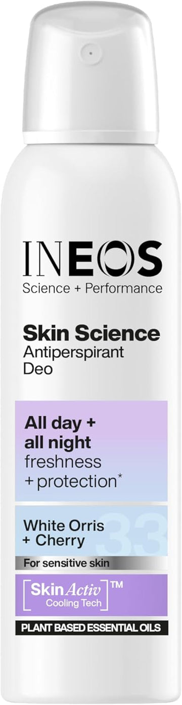 Ineos Skin Science - Unbeatable Protection Against Odour + Sweat. All Day + All Night. Aerosol Antiperspirant Deodorant White Orris + Cherry - Plant Based Essential Oils 200Ml