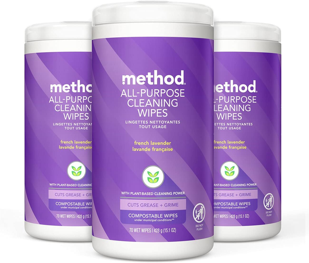 Method All-Purpose Cleaning Wipes, French Lavender, Multi-Surface, Compostable, 70 Count, (Pack Of 3)