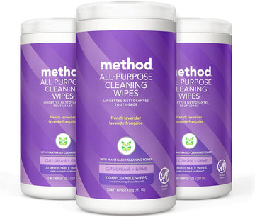 Method All-Purpose Cleaning Wipes, French Lavender, Multi-Surface, Compostable, 70 Count, (Pack Of 3)