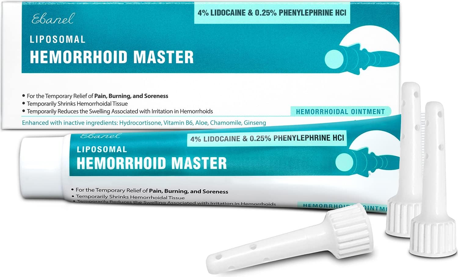 Ebanel 4% Lidocaine Hemorrhoid Treatment Ointment with Phenylephrine, Hydrocortisone, Zinc Oxide & Vitamins – External & Internal Relief, 1 oz