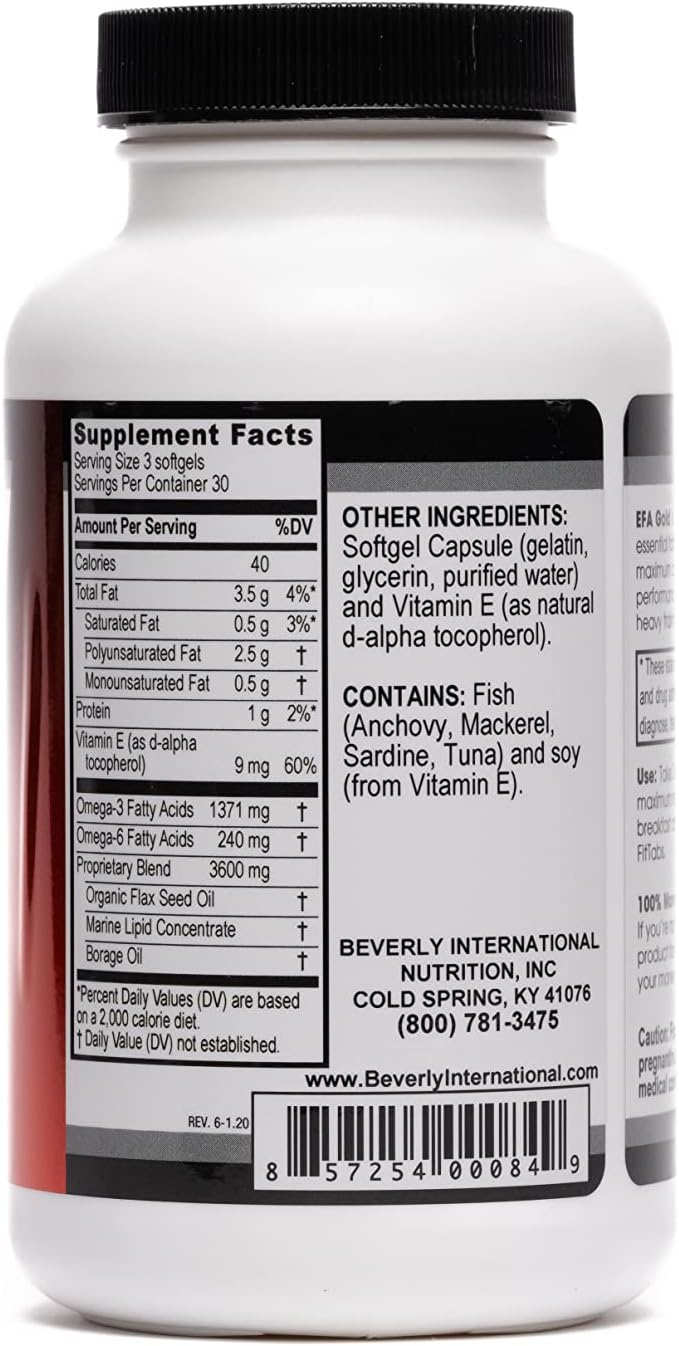 Beverly International Efa Gold, 90 Softgel Capsules. High Potency Omega-3S Epa And Dha + Omega 6&9 Fatty Acids. Combination Fish, Flaxseed And Borage Oil. : Health & Household