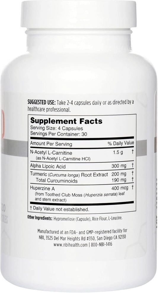 Nbi Brain Blend For Memory, Focus, Concentration, Cognitive Function For Men & Women | Caffeine-Free With Alcar, Alpha Lipoic Acid, Huperzine A, Turmeric | Nootropic | 120Ct Capsules