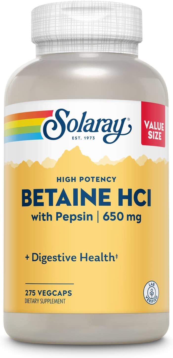 SOLARAY Betaine HCL with Pepsin, High Potency Hydrochloric Acid Formula, Healthy Digestion Supplement, Digestive Enzymes for Gut Health Support, 60-Day Guarantee (275 Servings, 275 Veg Caps)