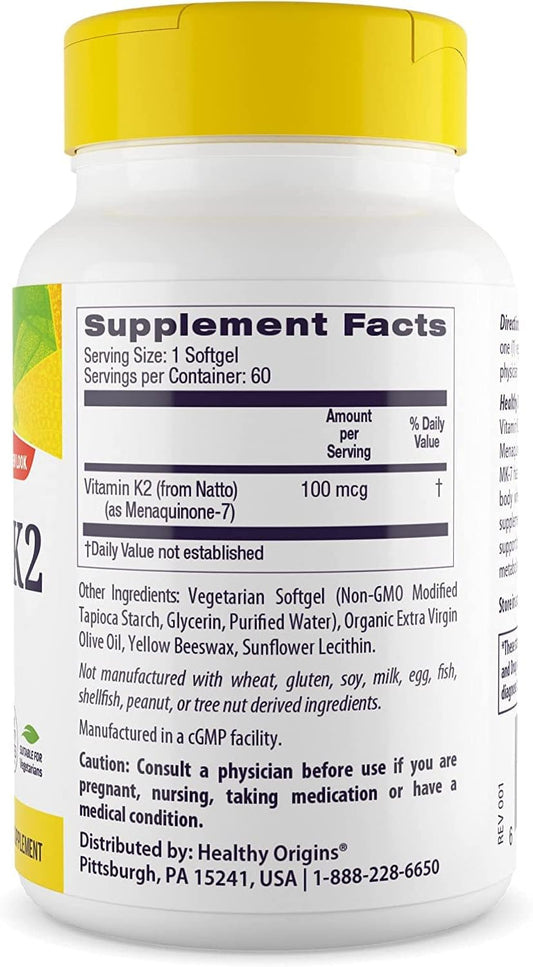 Healthy Origins Vitamin K2 as MK-7, 100 mcg - K2 Vitamins for Heart Health, Bone Health & Calcium Metabolism - Gluten-Free Supplements - 60 Veggie Softgels