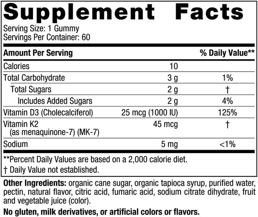 Nordic Naturals Vitamin D3 + K2 Gummies, Pomegranate - 60 Gummies - 1000 IU Vitamin D3 + 45 mcg Vitamin K2 - Great Taste - Bone Health, Promotes Healthy Muscle Function - Non-GMO - 60 Servings