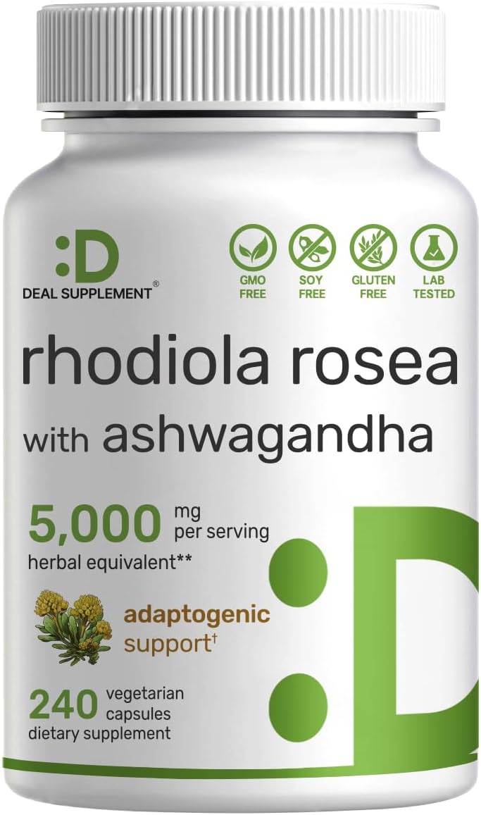 Deal Supplement Rhodiola Rosea With Ashwagandha 5,000Mg Per Serving, 240 Veggie Capsules – Max Strength 10:1 Root Extract – Adaptogenic Supplements For Relaxation, Energy, & Brain Health – Non-Gmo