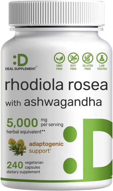 Deal Supplement Rhodiola Rosea With Ashwagandha 5,000Mg Per Serving, 240 Veggie Capsules – Max Strength 10:1 Root Extract – Adaptogenic Supplements For Relaxation, Energy, & Brain Health – Non-Gmo